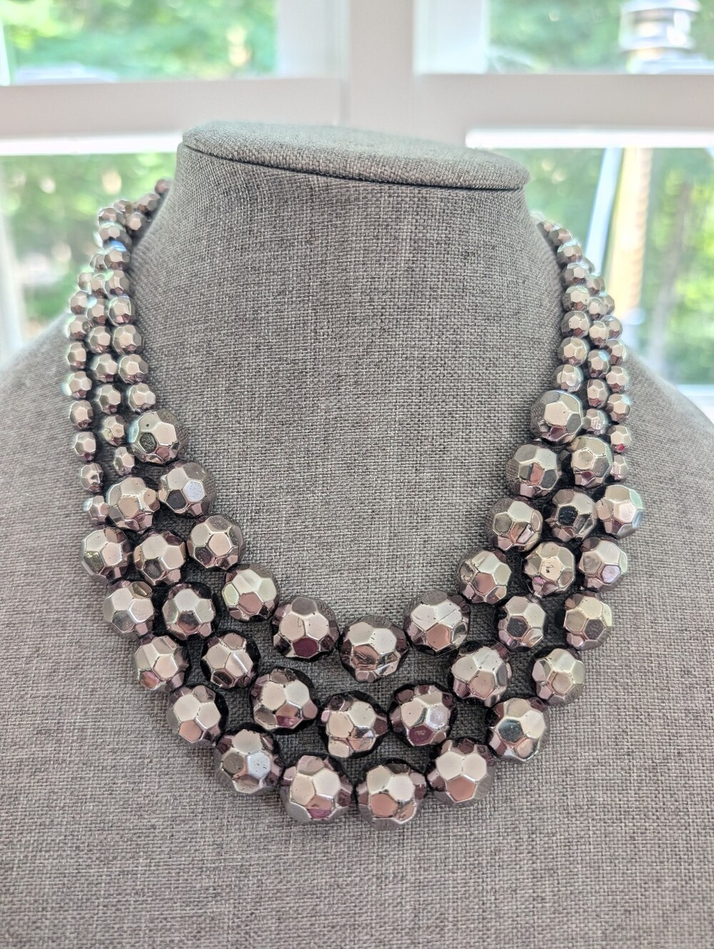 Trendy Silver Tone Triple Strand Beaded Layering Glam Event Necklace